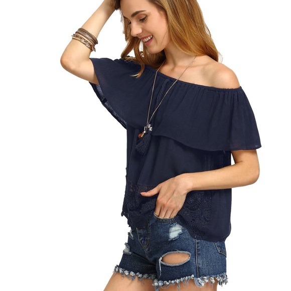 Off The Shoulder Ruffle Hem Blouse Top - Picture 2 of 4